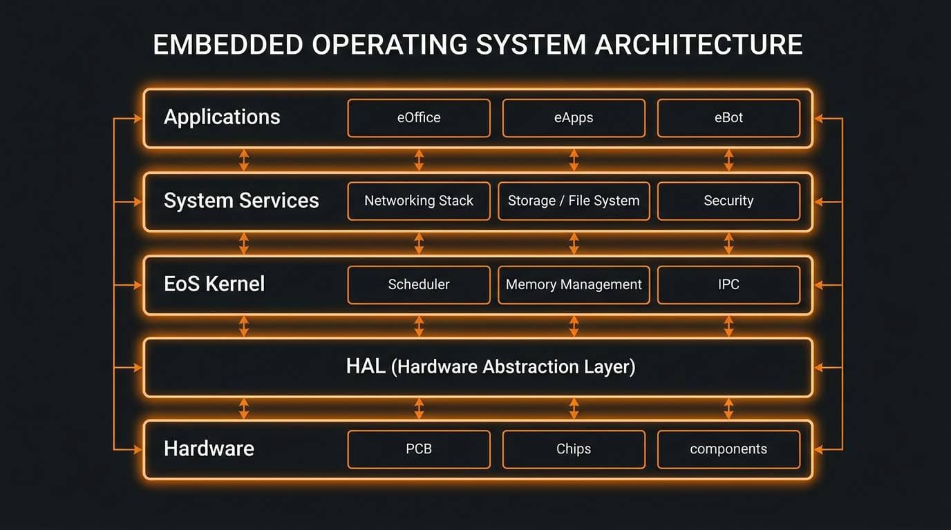 EmbeddedOS architecture diagram showing Hardware, Kernel, Platform, and Application layers